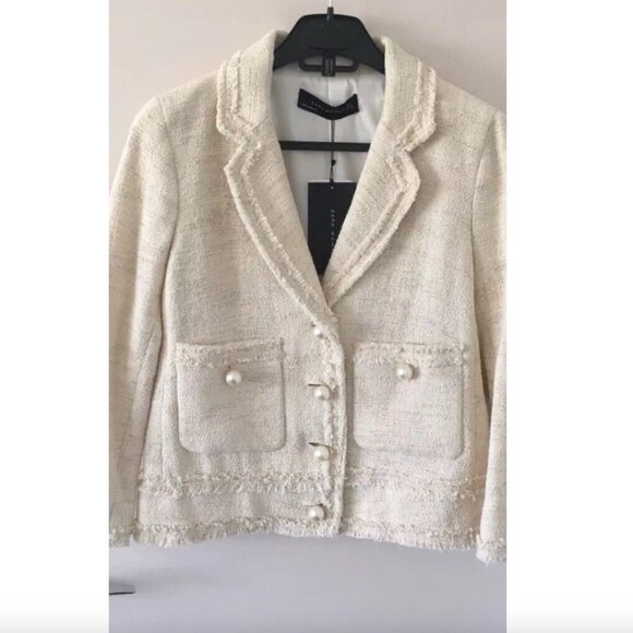 New Zara Ivory Ecru Tweed Textured Blazer Jacket w/Pockets, Pearl Buttons, Ivory - Picture 11 of 14